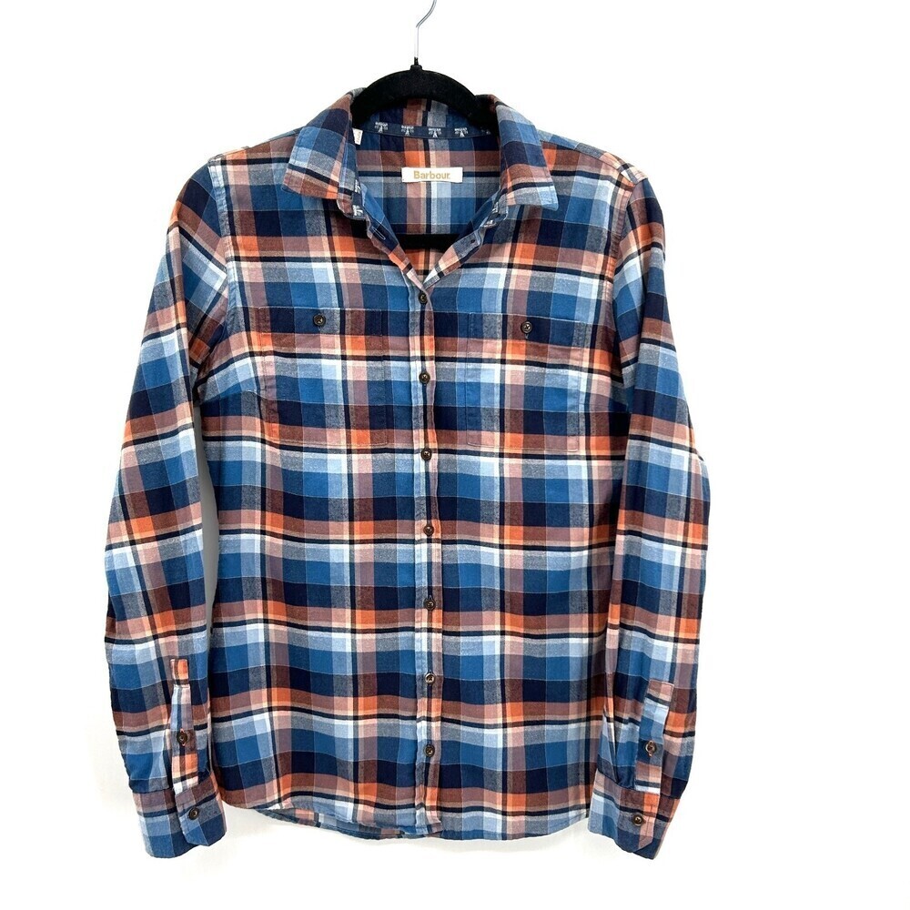 BARBOUR Women's Icefield Shirt Blue Orange Plaid Button Up Cotton Shirt Size 6
